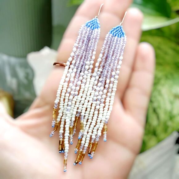 Beaded Fringe Dangle Earrings, Seed Bead Jewelry, Statement Boho Chic Artisan - Picture 1 of 10